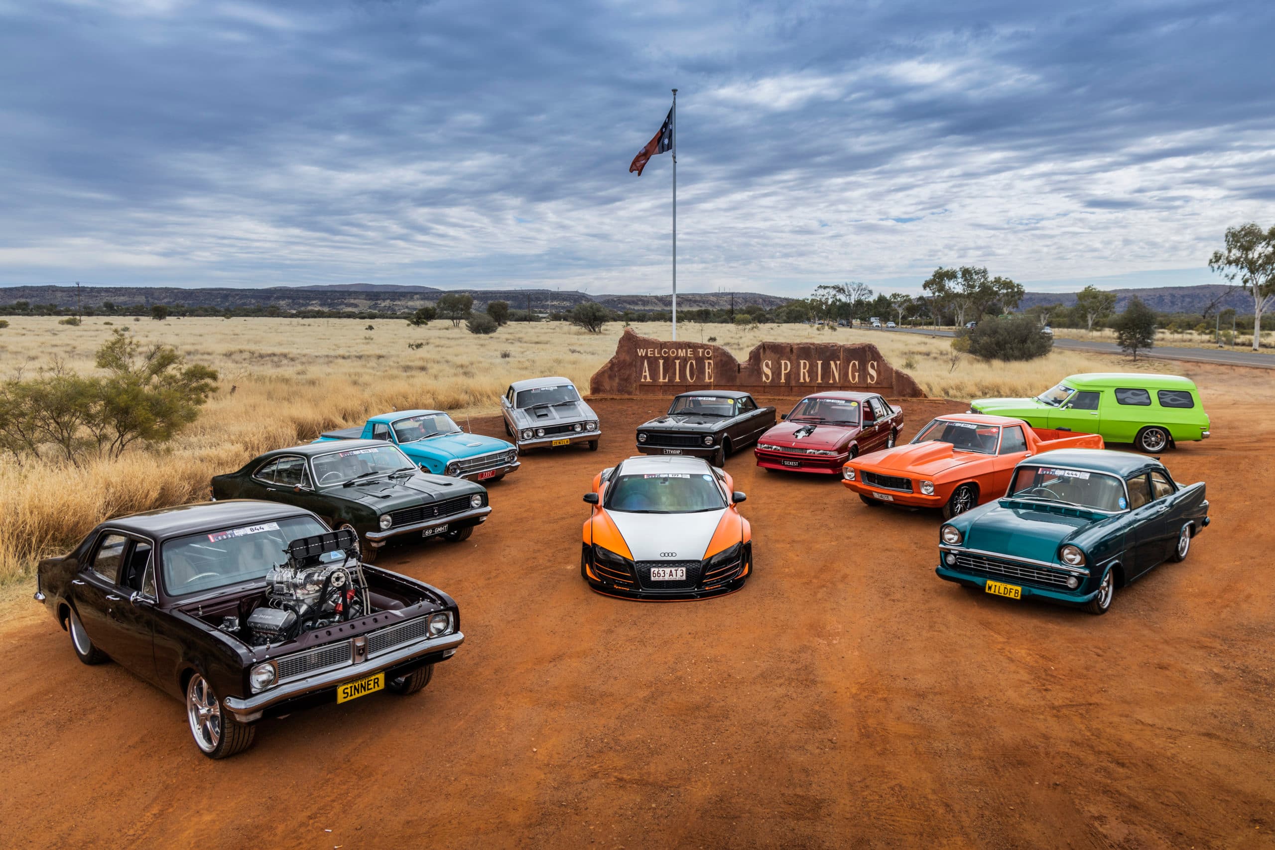 Line up of cars at Red CentreNATS