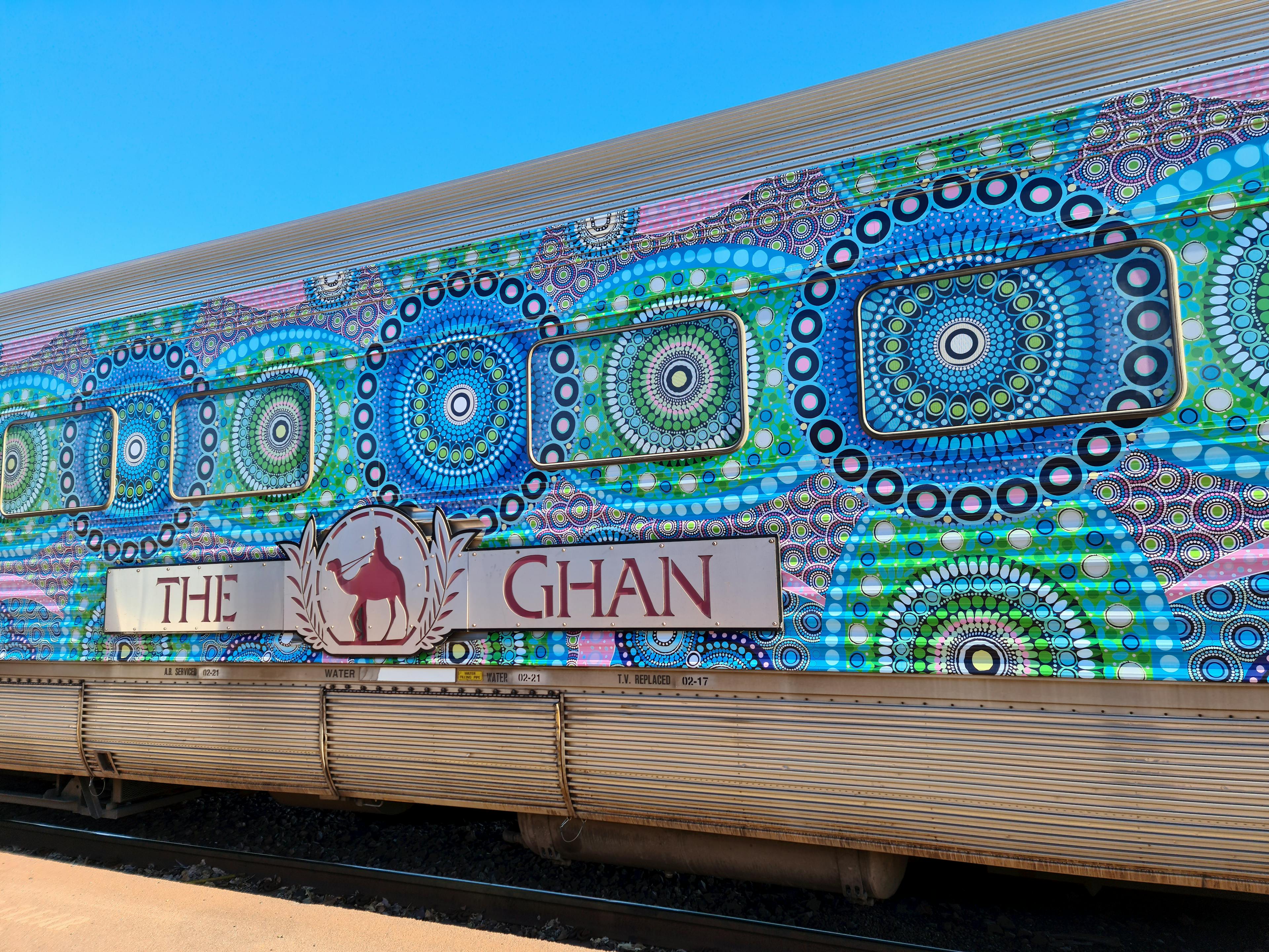 The Ghan featuring artwork by Parrtjima artist Chantelle Mulladad