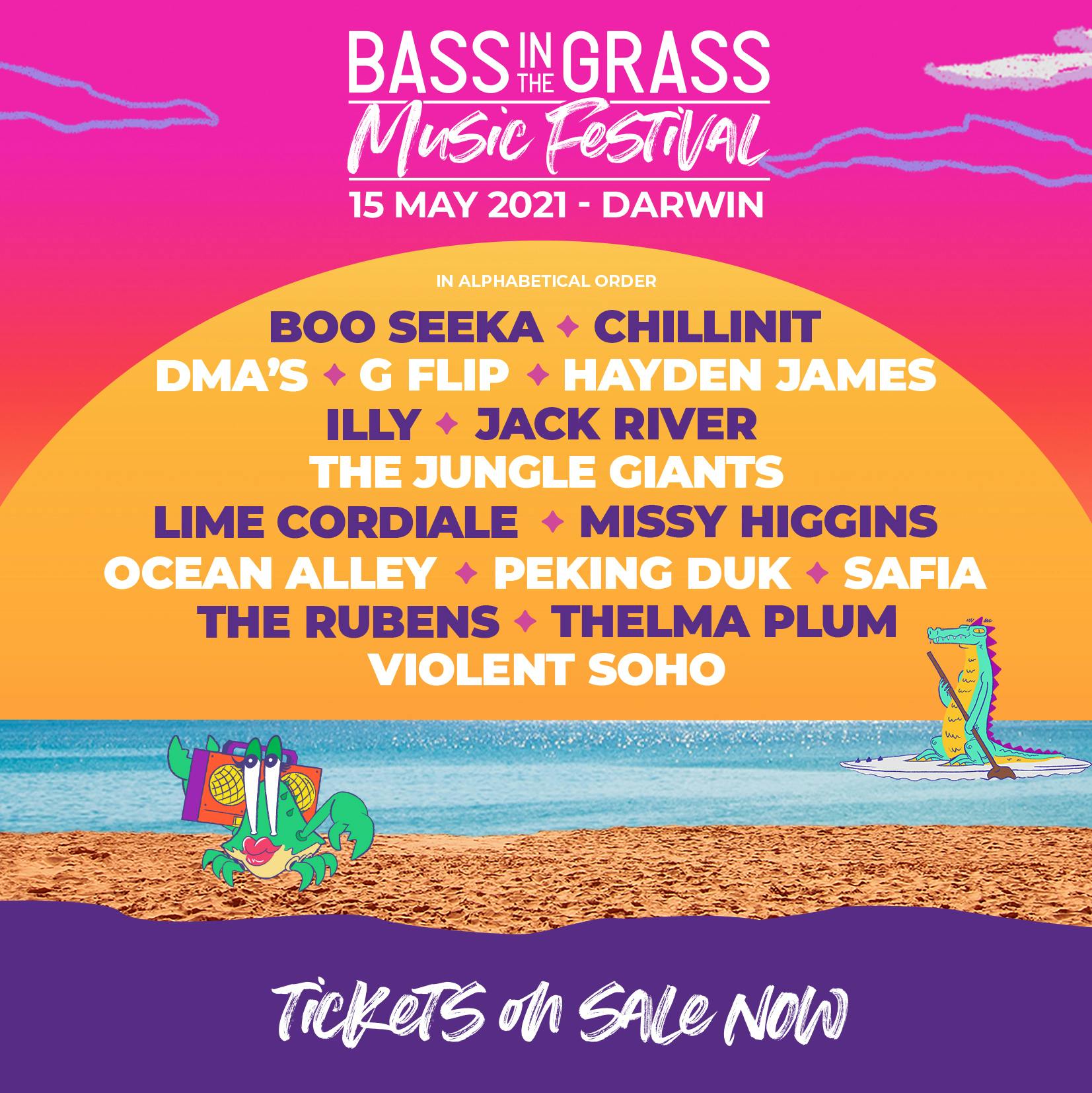 The BASSINTHEGRASS line-up is Boo Seeka, ChillinIT, DMA'S, G Flip, Hayden James, ILLY, Jack River, The Jungle Giants, Lime Cordiale, Missy Higgins, Ocean Alley, Peking Duk, SAFIA, The Rubens, Thelma Plum and Violent Soho