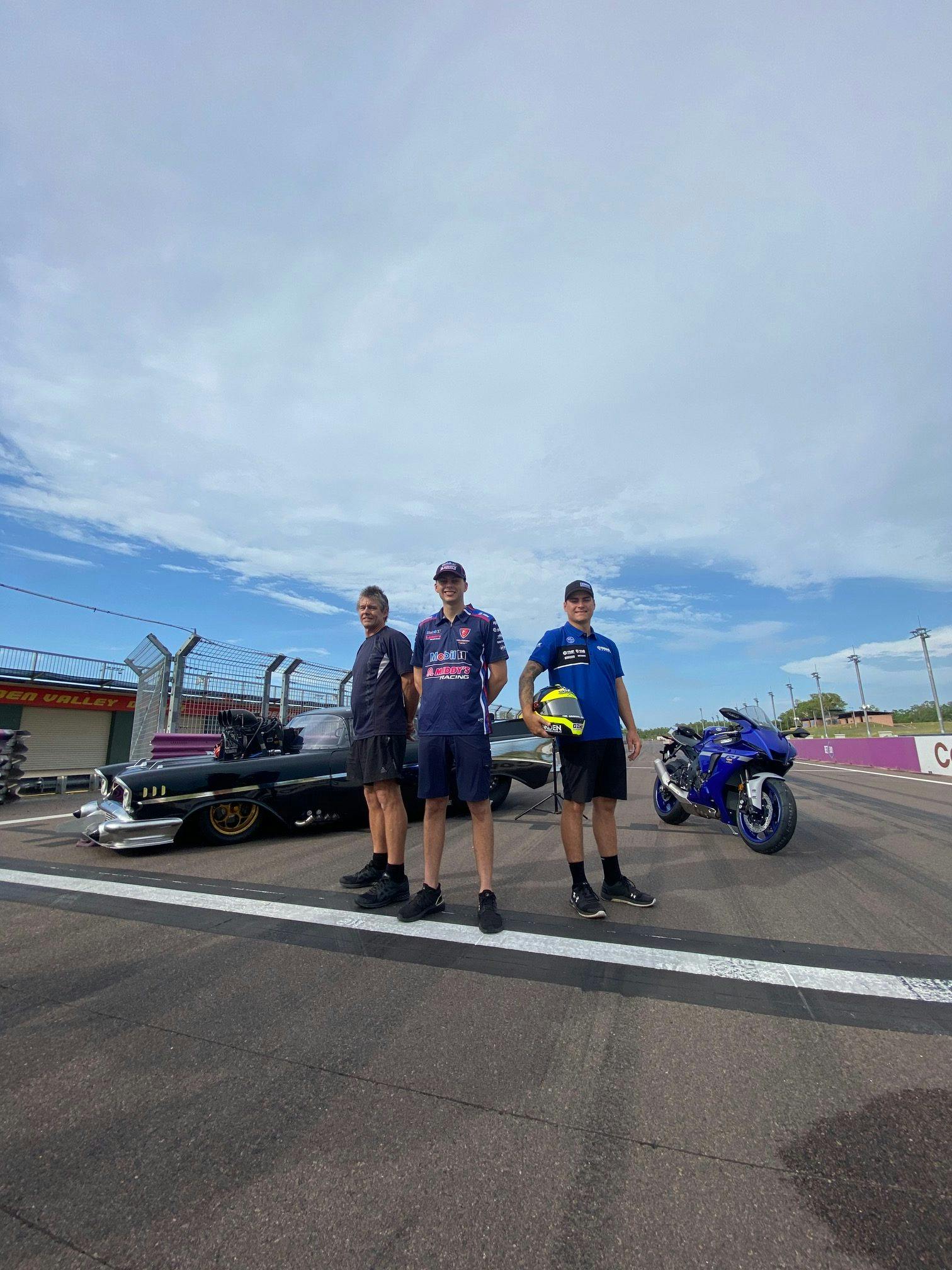 Mat Abel from Hidden Valley Drag Racing Association, Supercars driver Bryce Fullwood and Australian Superbikes rider Aiden Wagner at Hidden Valley