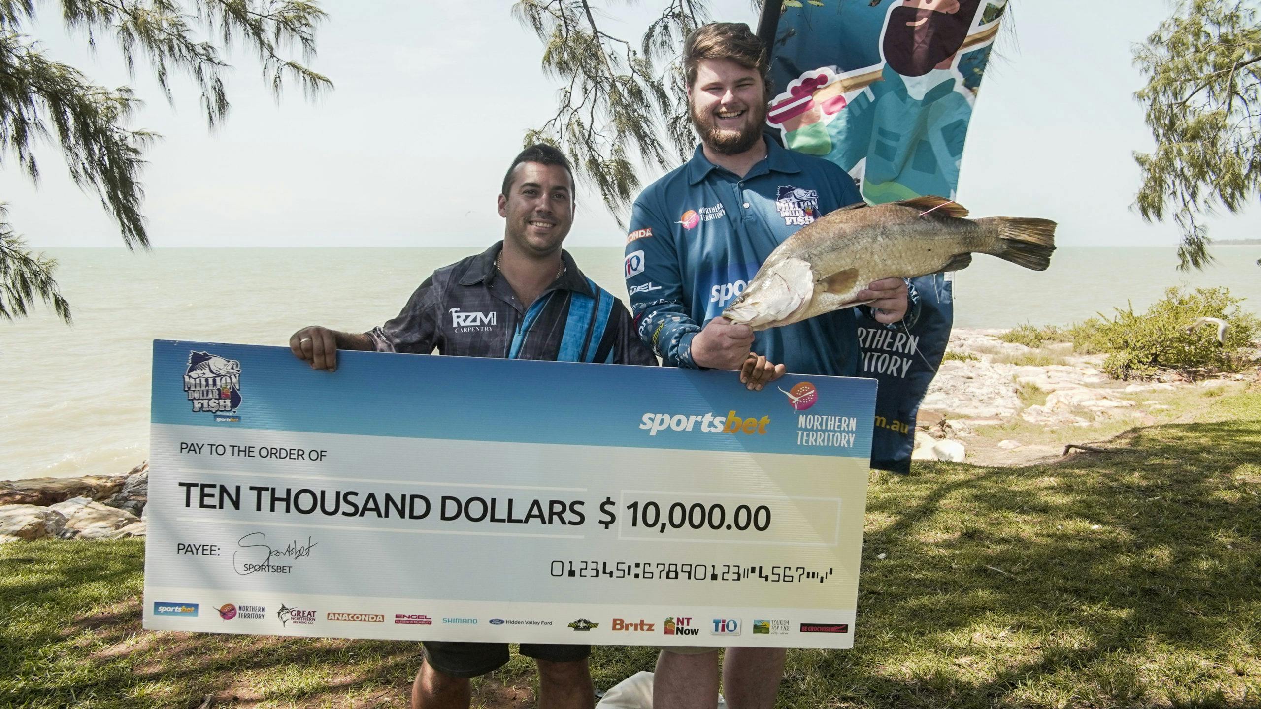 Fisho Reece Prior (right) bagged a $10,000 barra with his mate Zenon Theodorou